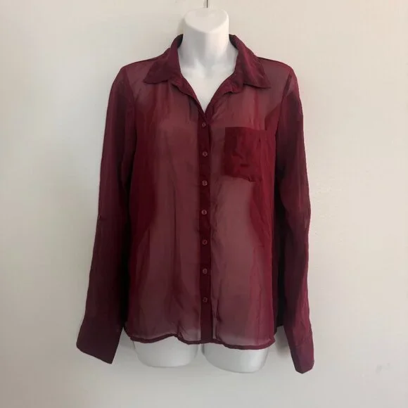 Full Tilt Sheer Burgundy Button-Down Blouse | Size M - Picture 2 of 10